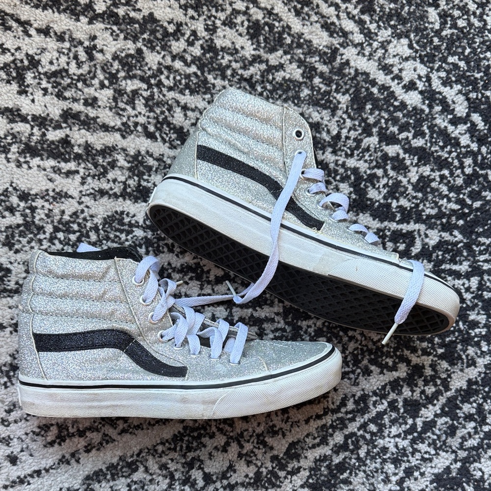 Silver Glitter VANS High-Top Kids Sneakers with Black Stripe